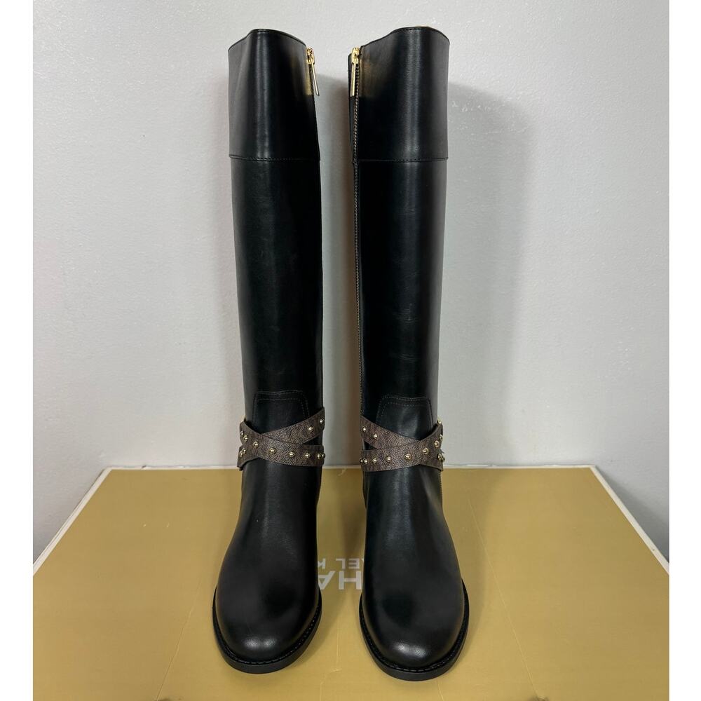New Michael Kors Kincaid Leather Riding Boot in Black/Brown Women's Size 6 - Picture 2 of 8